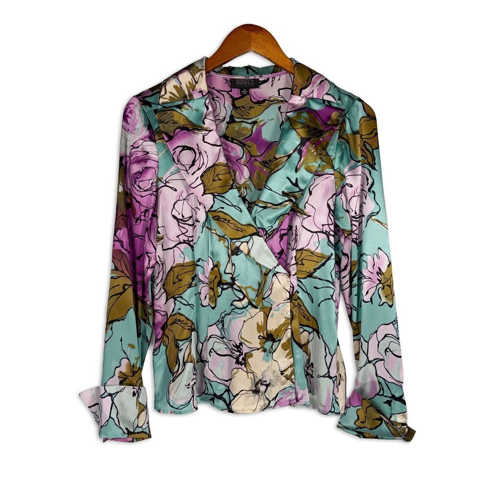 Adrianna Papell Boutique Silk Floral Wrap Blouse Size 10 Aqua Pink Olive Y2K